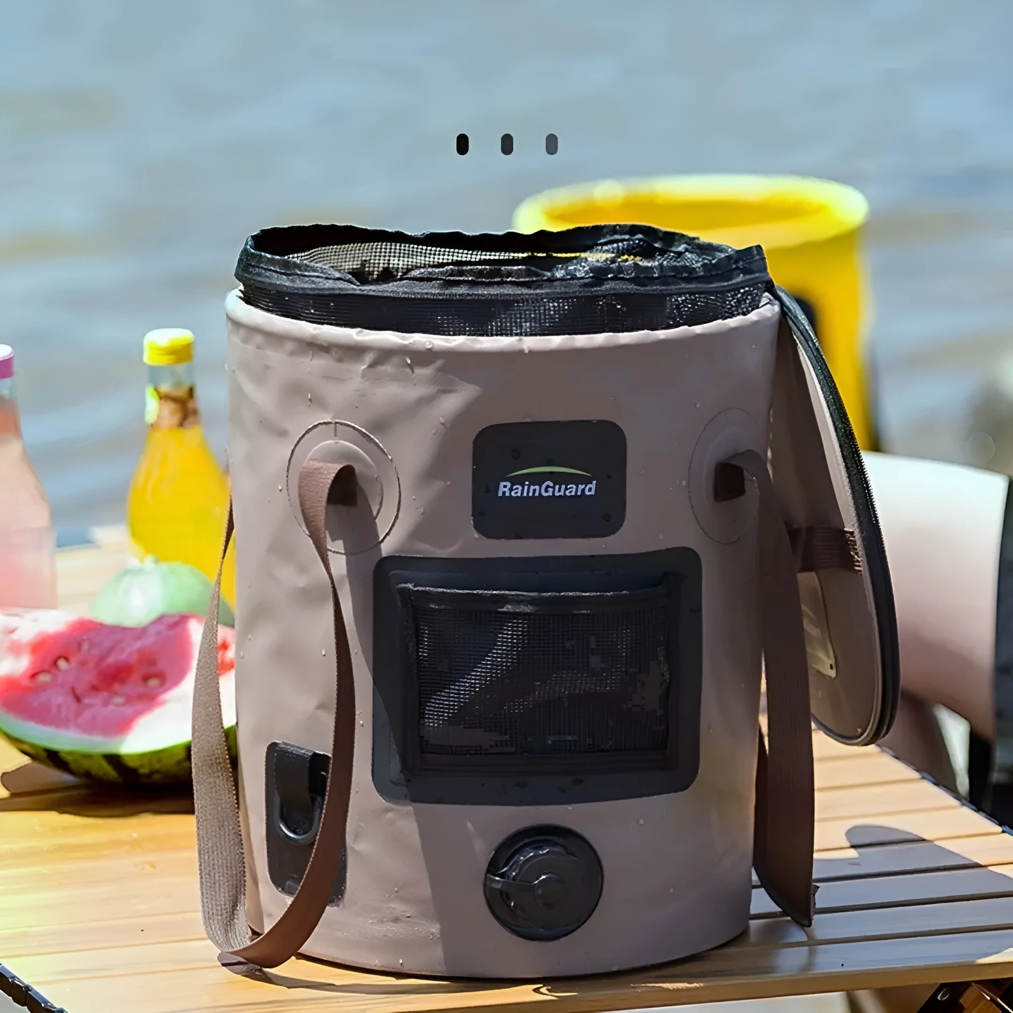 Plastic folding fishing bucket showing collapsible design and colour options with optional net pocket