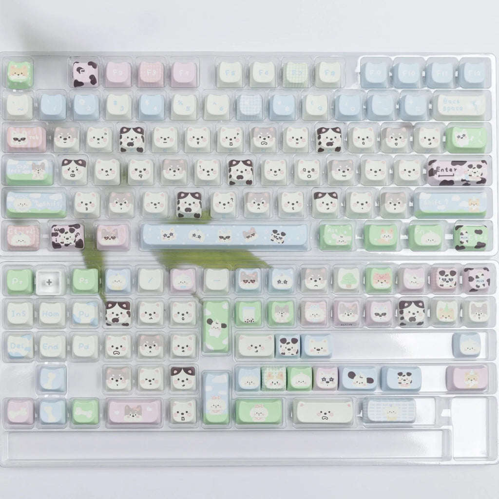 Full set of PBT plastic keycaps for mechanical keyboards with colourful sublimated cat and puppy animal designs.