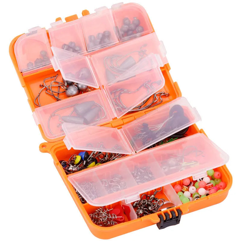 257-piece fishing lure accessories set in orange or black ABS storage box