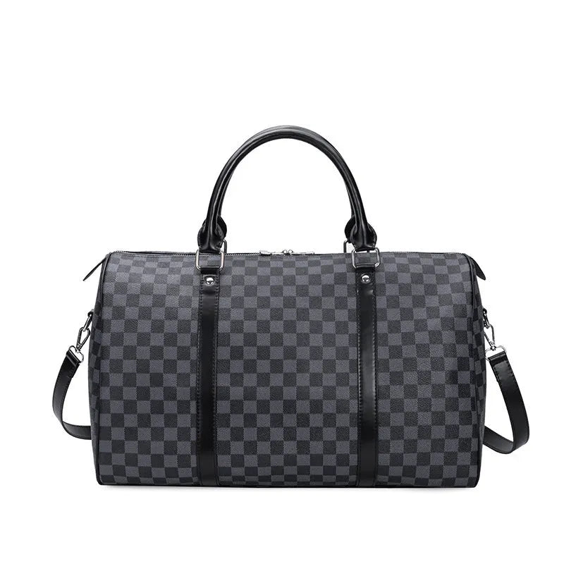 Large black grid PU leather travel bag with single strap, horizontal square shape, open outer pocket