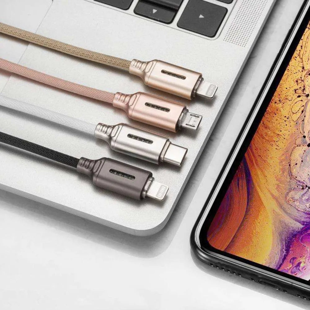Fabric braided USB fast charging cable in black, shown with Android and Type-C connectors.