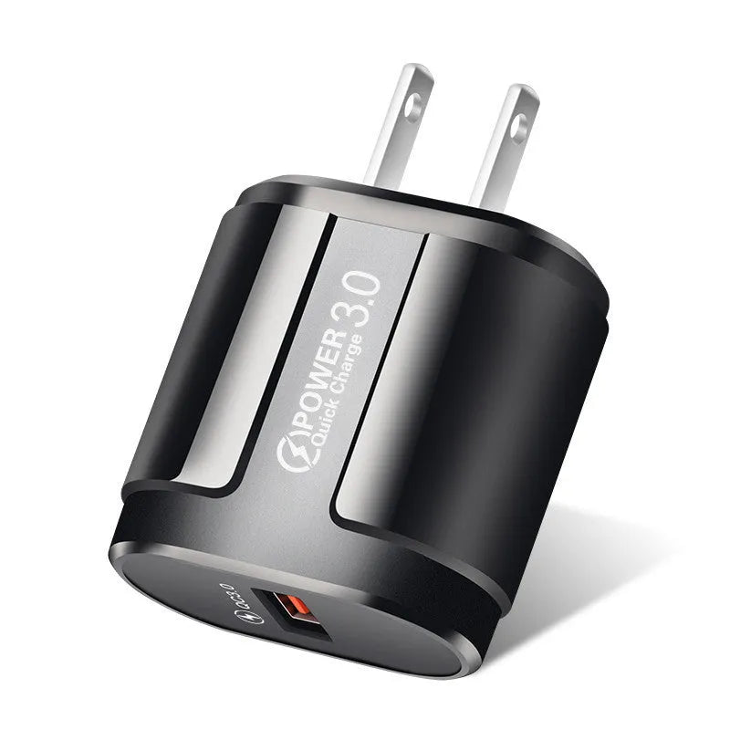 White and black mobile phone smart charger showing compact size with international plug adapter options