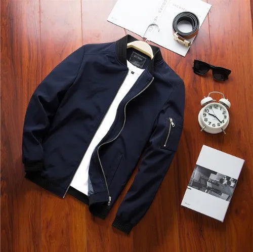 Men's slim-fit casual baseball jacket with zippered side pockets in solid colour options