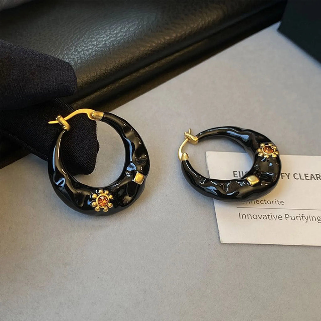 Hong Kong style retro alloy ear studs with rhinestone inlays and hand-dripped oil glossy finish