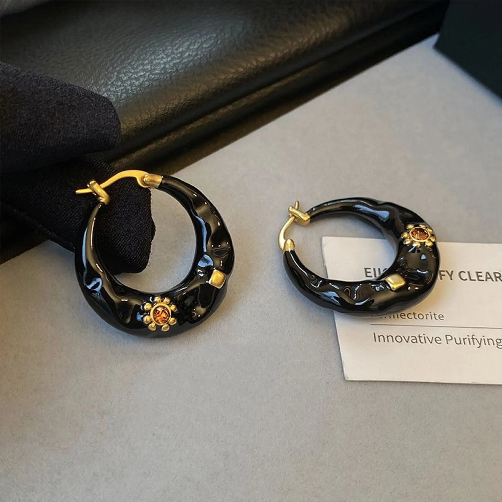 Hong Kong style retro alloy ear studs with rhinestone inlays and hand-dripped oil glossy finish