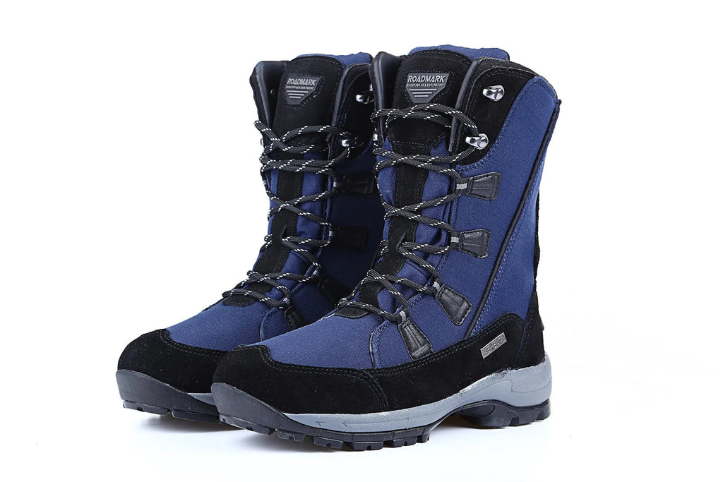 Women's mid-calf thermal snow boots in black with genuine leather upper and rubber sole