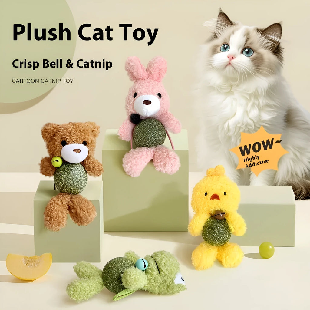 Brown bear plush catnip ball toy with bell, shown next to a 4cm mint ball.