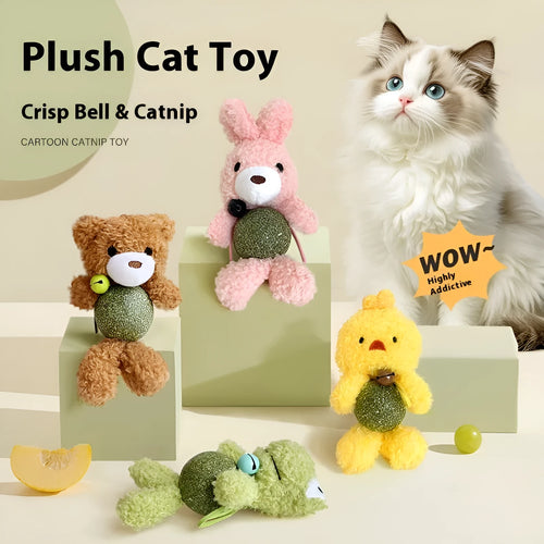 Brown bear plush catnip ball toy with bell, shown next to a 4cm mint ball.