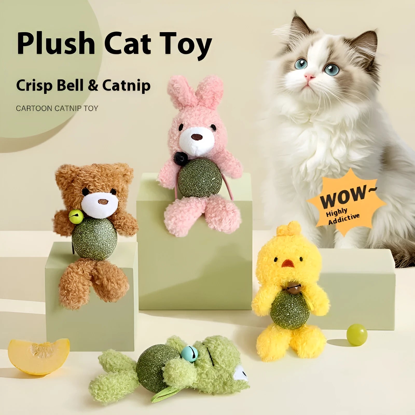 Plush catnip ball toy in brown bear design with a bell, showing soft texture and size.