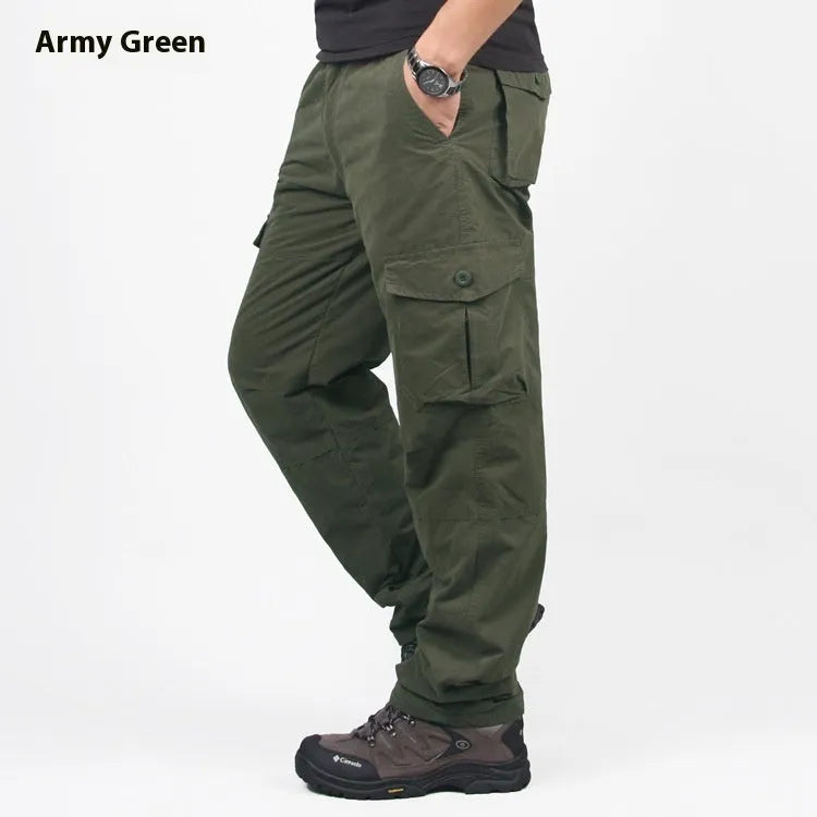 Men's wool-lined cotton velvet work overalls in stone-washed fabric with loose straight-leg cut