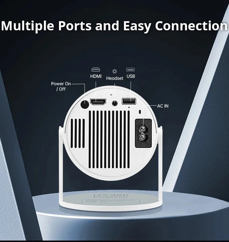 White barrel-shaped Hy300 smart projector with 720p 120ANSI resolution for home cinema