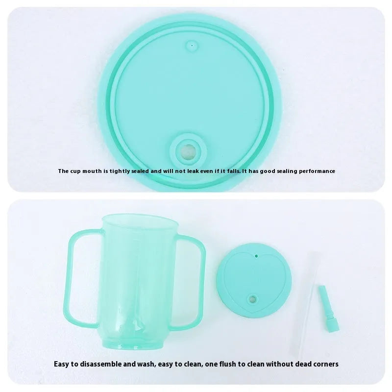 Oblique mouth choke-proof plastic drinking cup with handle and optional wrist splint for elderly adults.