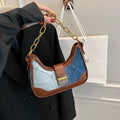 Brown denim women's shoulder bag with diamond mesh pattern and chain strap details