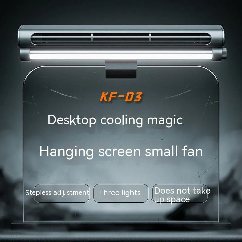 Black bladeless USB fan clipped to laptop screen with integrated lighting lamp showing brushless motor design