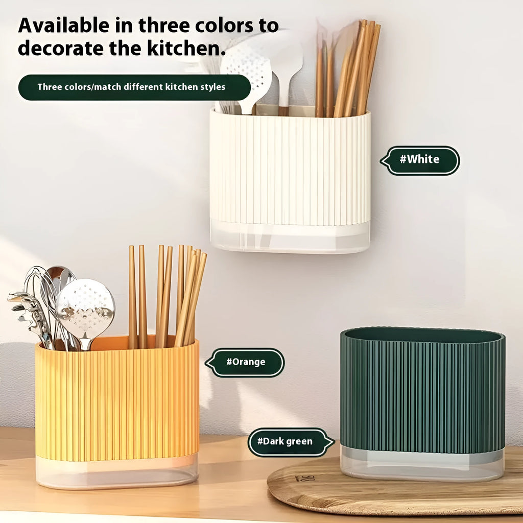 Plastic wall-mounted chopsticks basket with cross-border drain design in beige, dark green, or orange.