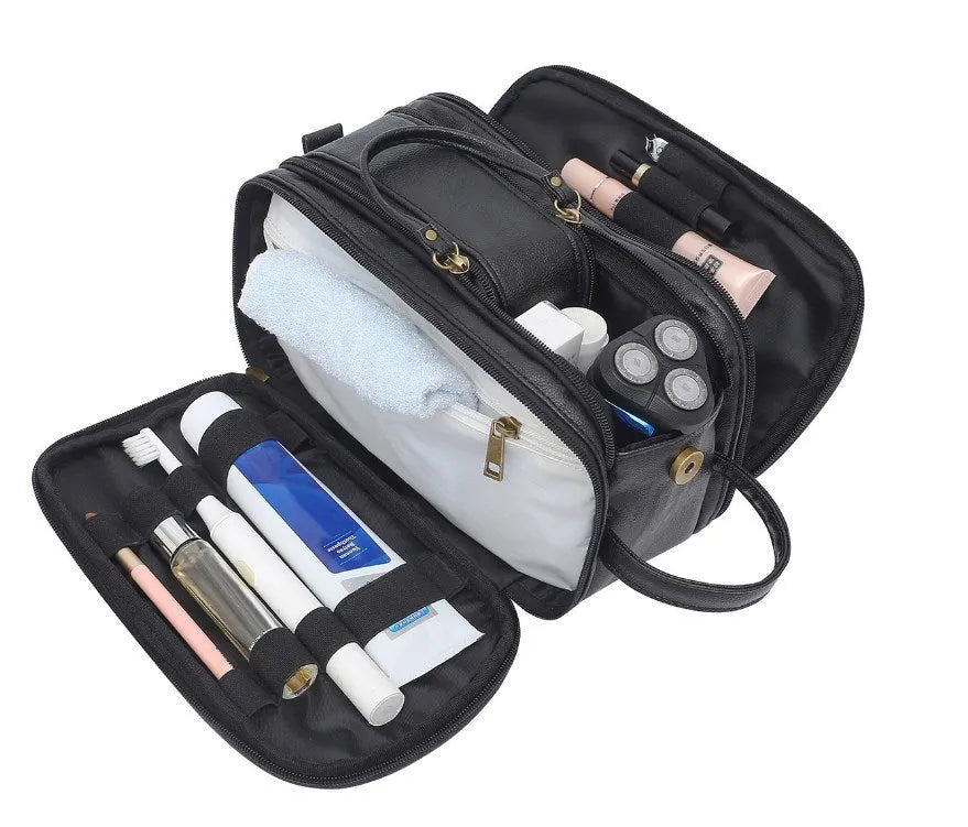 Men's black and brown PU toiletry bag with multiple compartments for travel cosmetics storage