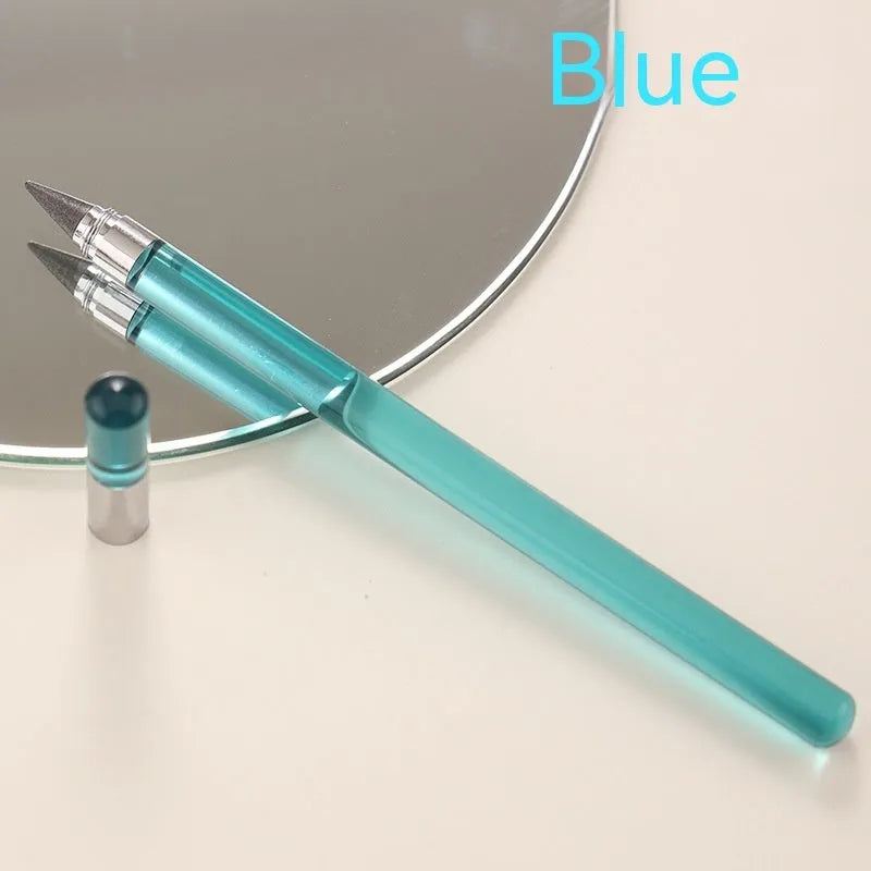 Transparent acrylic eternal pencil with alloy pen head showing internal mechanism
