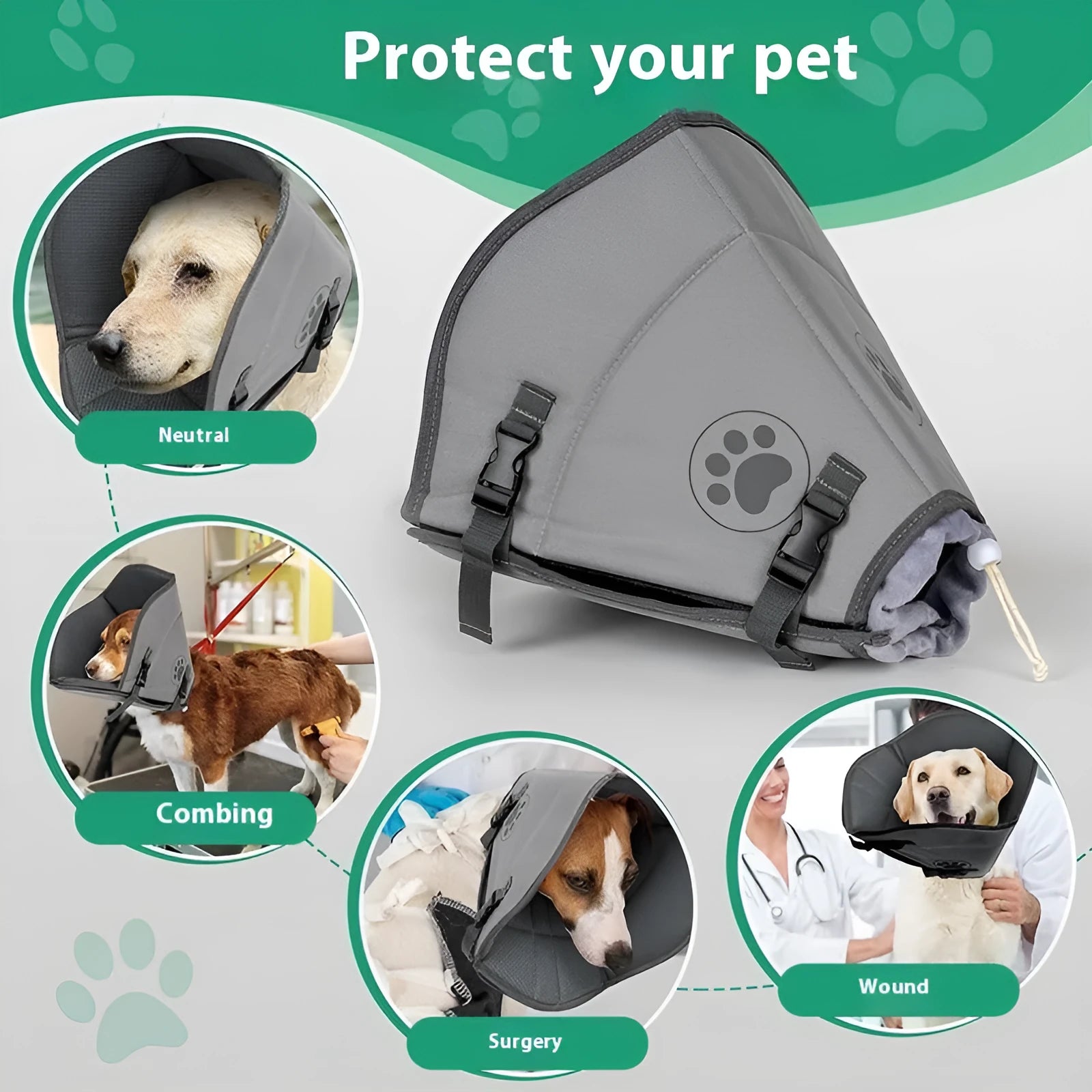 Adjustable pet sterilization collar shown in three sizes with double and single layer construction options