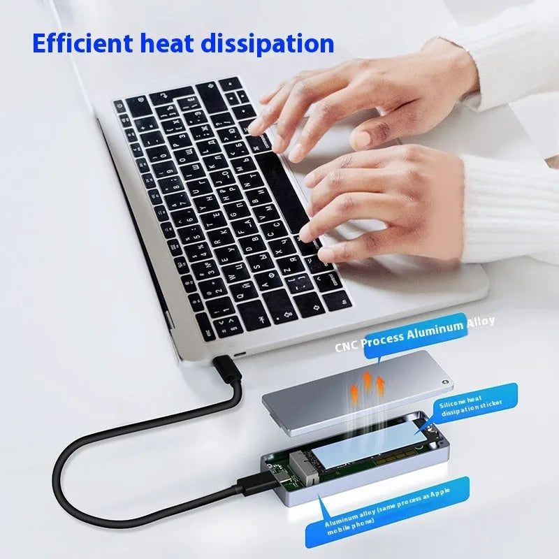 Aluminium M.2 SSD enclosure with installation tools including screwdriver, screws and heat pad