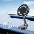 Car phone holder with flexible clip and 360-degree rotating bracket on dashboard