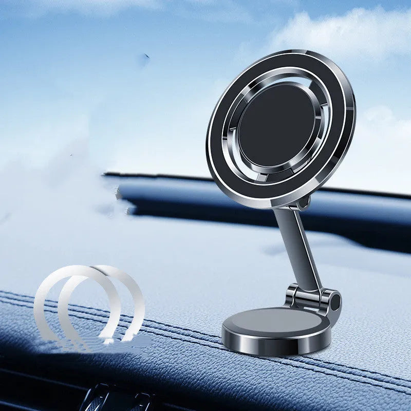 Car phone holder with flexible clip and 360-degree rotating bracket on dashboard