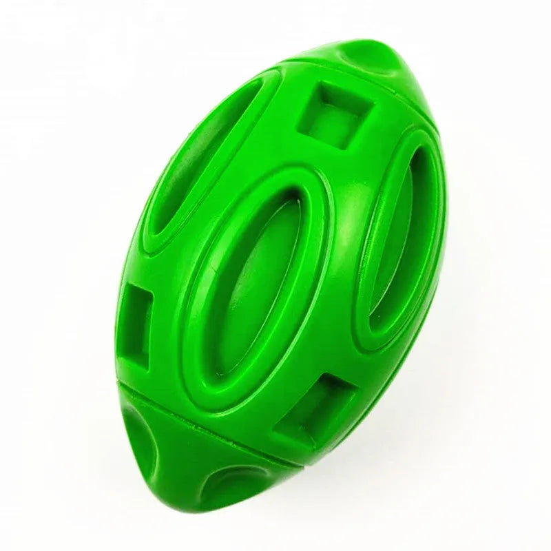 Blue, green, and orange durable natural rubber squeaky dog chew ball for medium and large breeds.