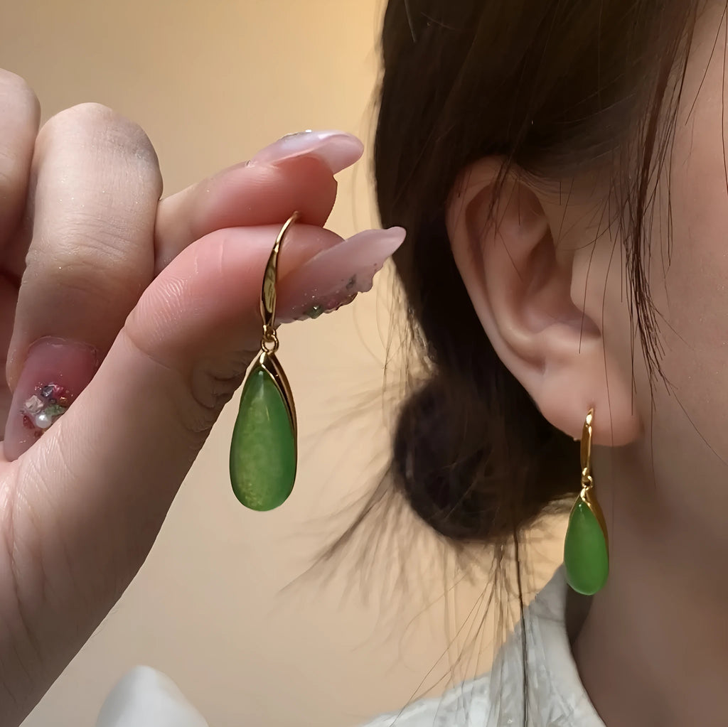 Retro Chinese geometric earrings with water droplet design in electroplated copper with jade colour finish