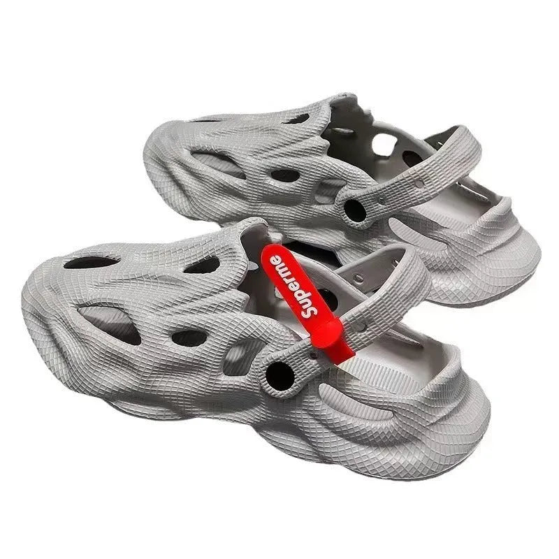 Frosted EVA coconut slippers with closed toe design and holes, shown in available colour options