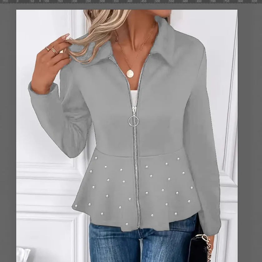 Women's black coat with heavy-duty zipper, beaded trim and ruffled hem in regenerated cellulose fibre blend