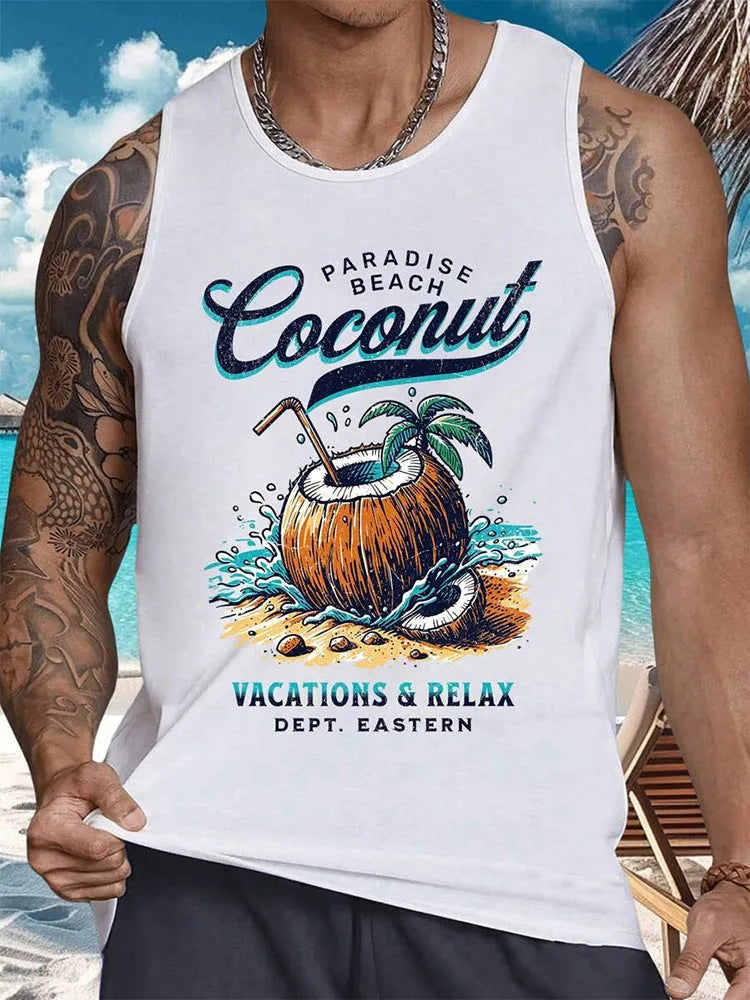 Men's Hawaiian style sleeveless tank top in polyester pinhole cloth showing solid colour option