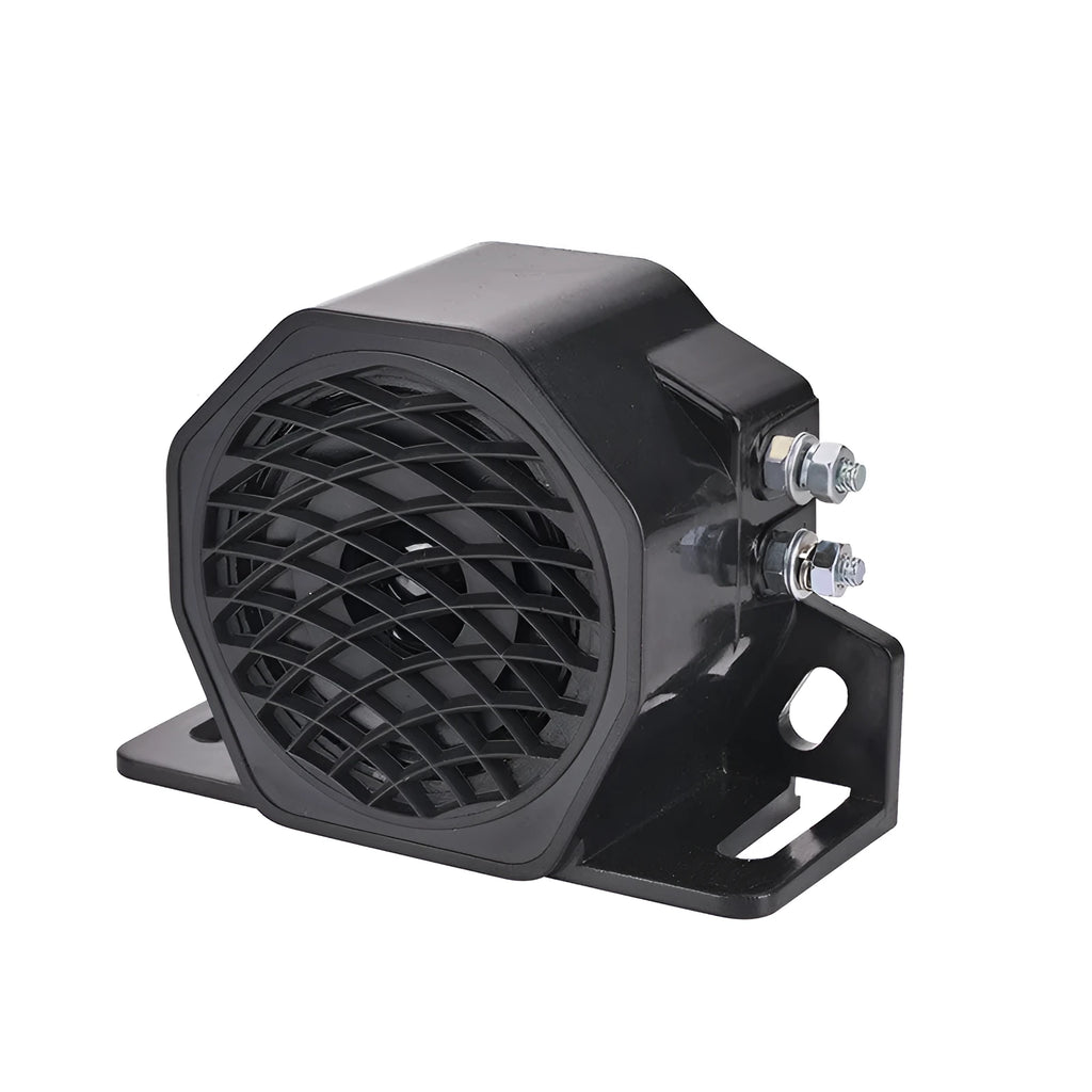 Black GQ-208A 12-80V reversing buzzer horn for vehicle safety alerts.