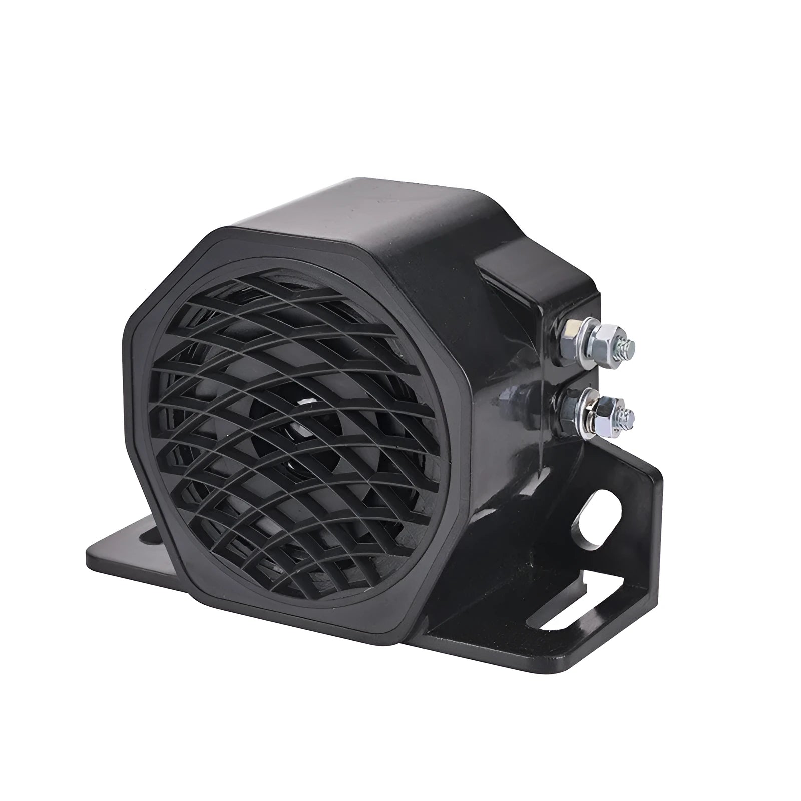 Black GQ-208A 12-80V reversing buzzer horn for vehicle safety alerts.