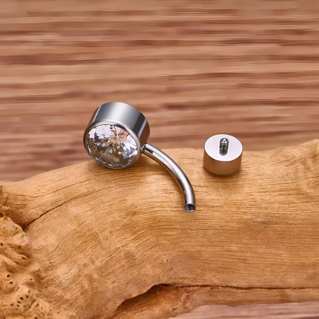 Titanium alloy double-headed zircon navel stud with internal thread closure in multiple sizes