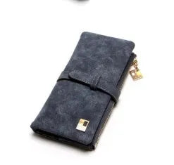 Korean retro long wallet in PU leather showing vertical design, zip closure, and open view of internal compartments.