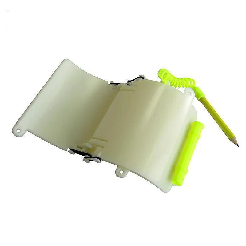White luminous ABS underwater writing wristboard for diving jacket with pencil.