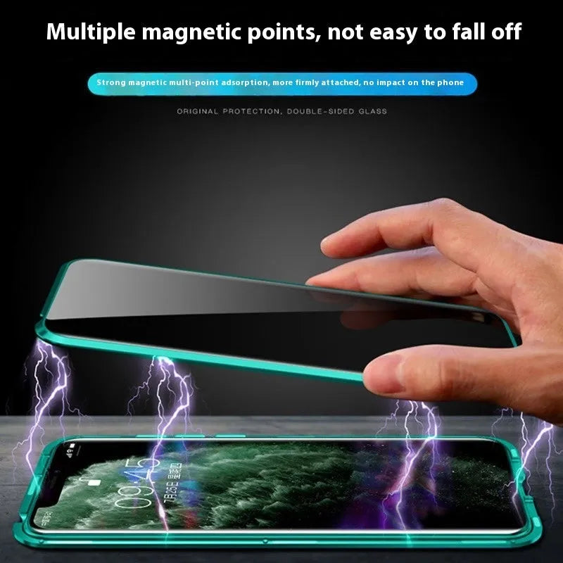 Magnetic aluminium alloy and glass back cover case for iPhone 16, available in different transparent colors with anti-peep screen
