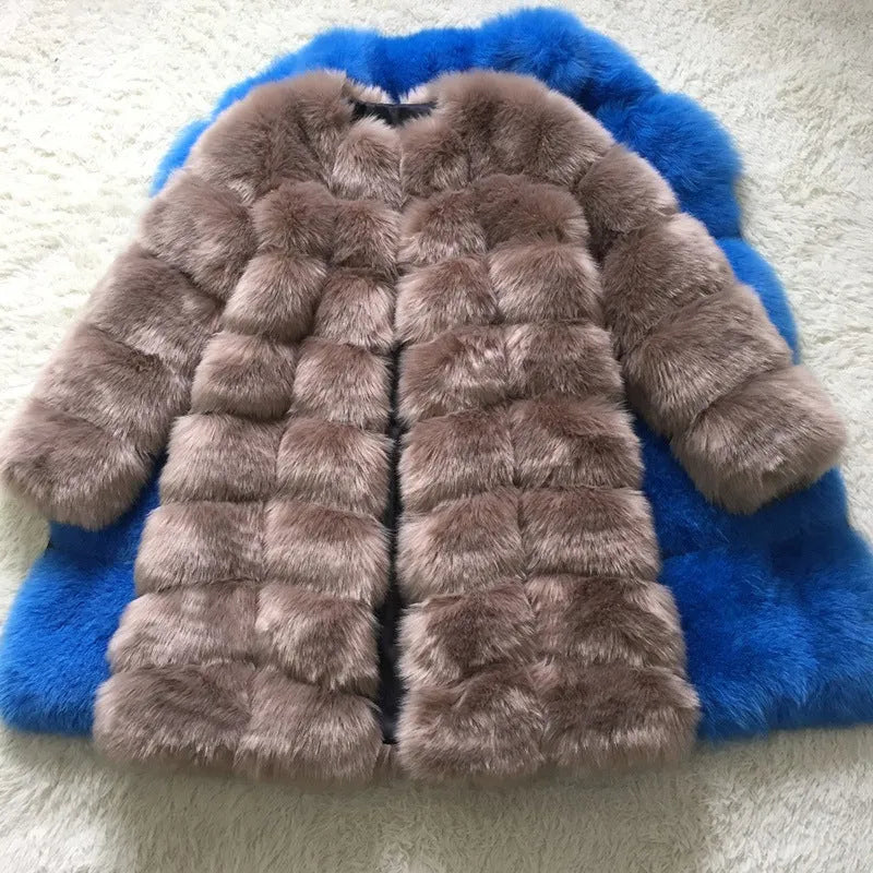 Women's long artificial fur coat in multiple colours including black, camel, and wine red, showing 80 cm length.