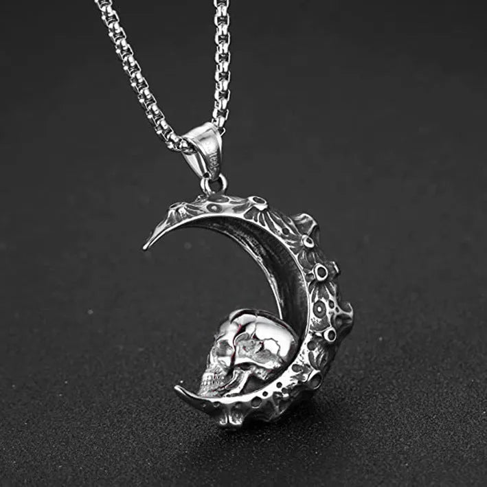 Men's stainless steel skull necklace with electroplated silver finish showing six pendant colour options
