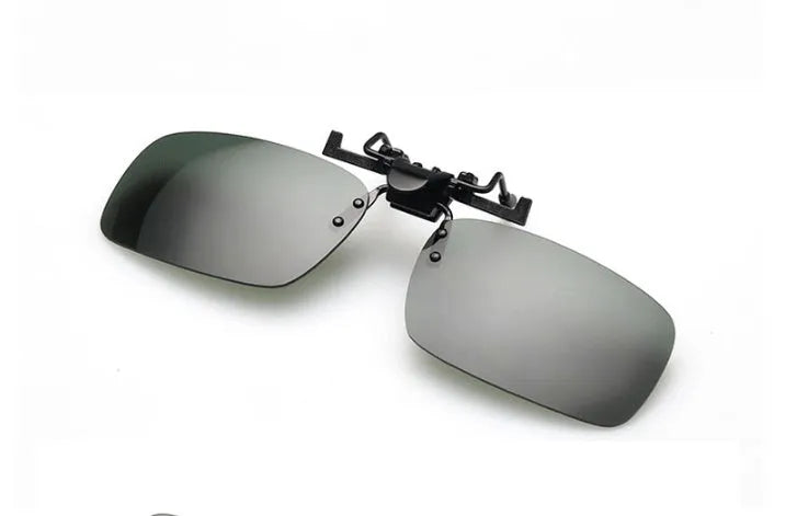 Clip-on sunglasses for prescription glasses in large and small PC frame sizes with grey, green, and night vision lenses