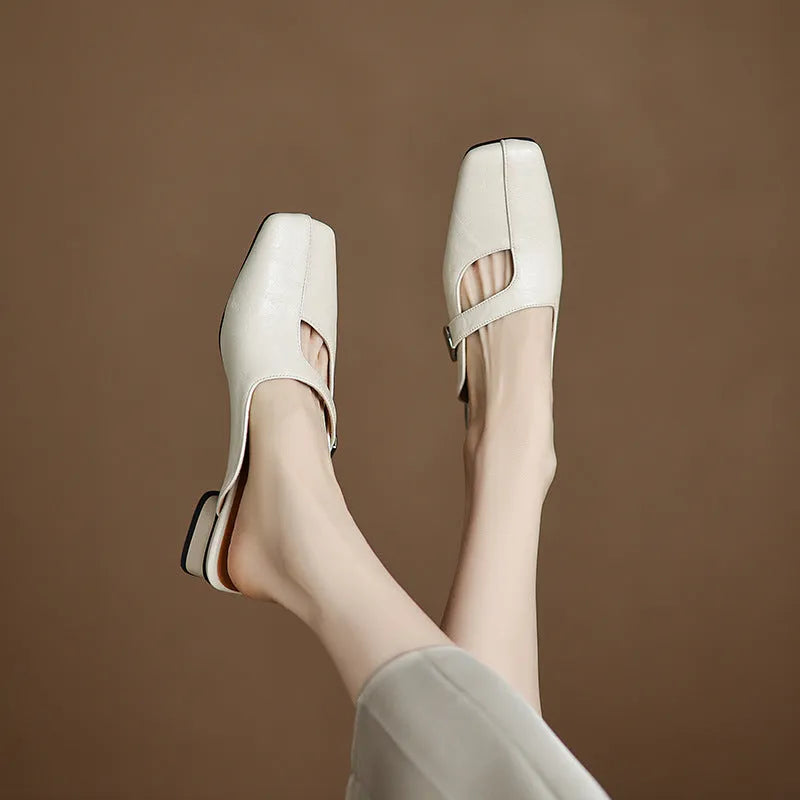 Square-toe casual slipper with low heel in beige, showing artificial PU upper and rubber sole.