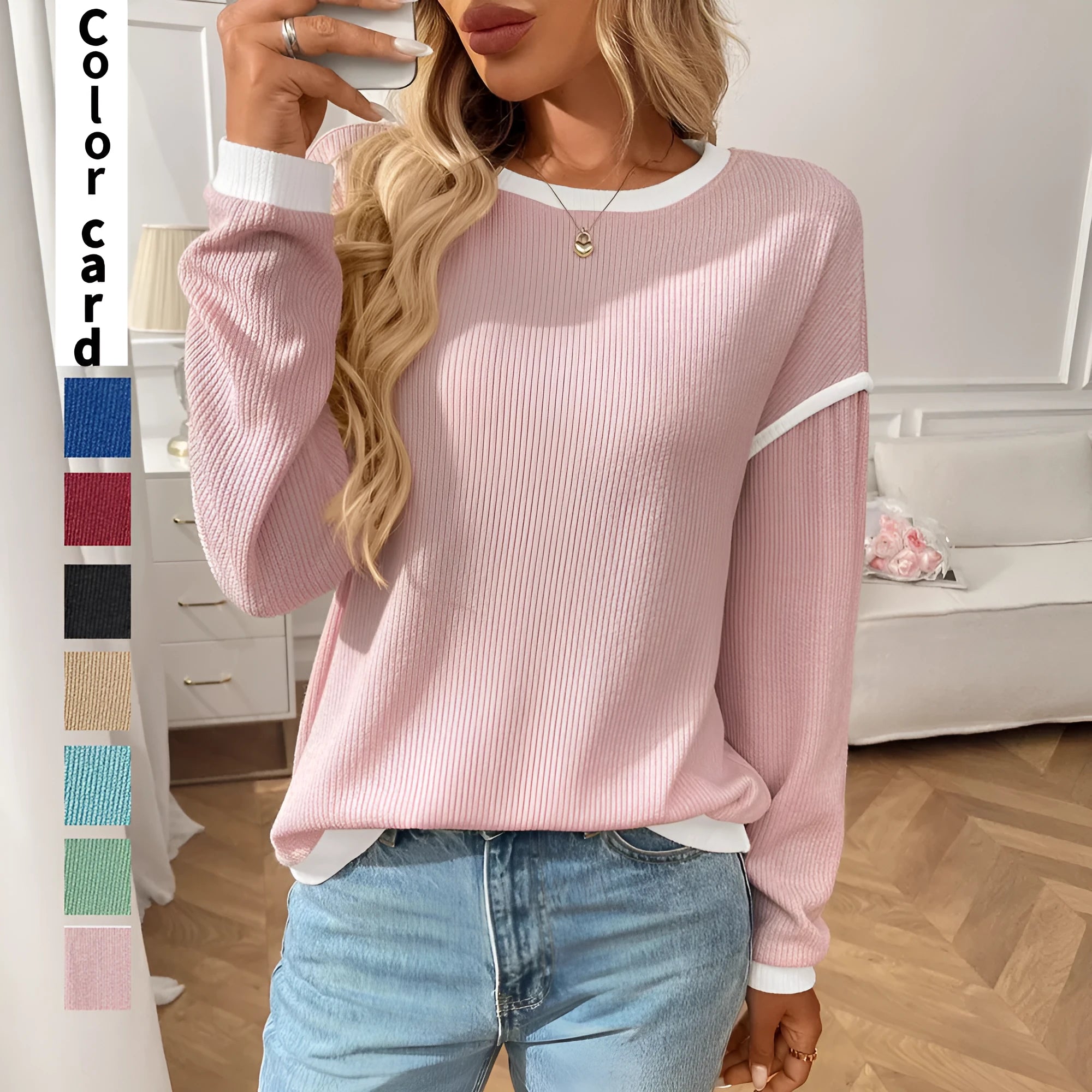 Women's loose round neck polyester pullover top in multiple colour options