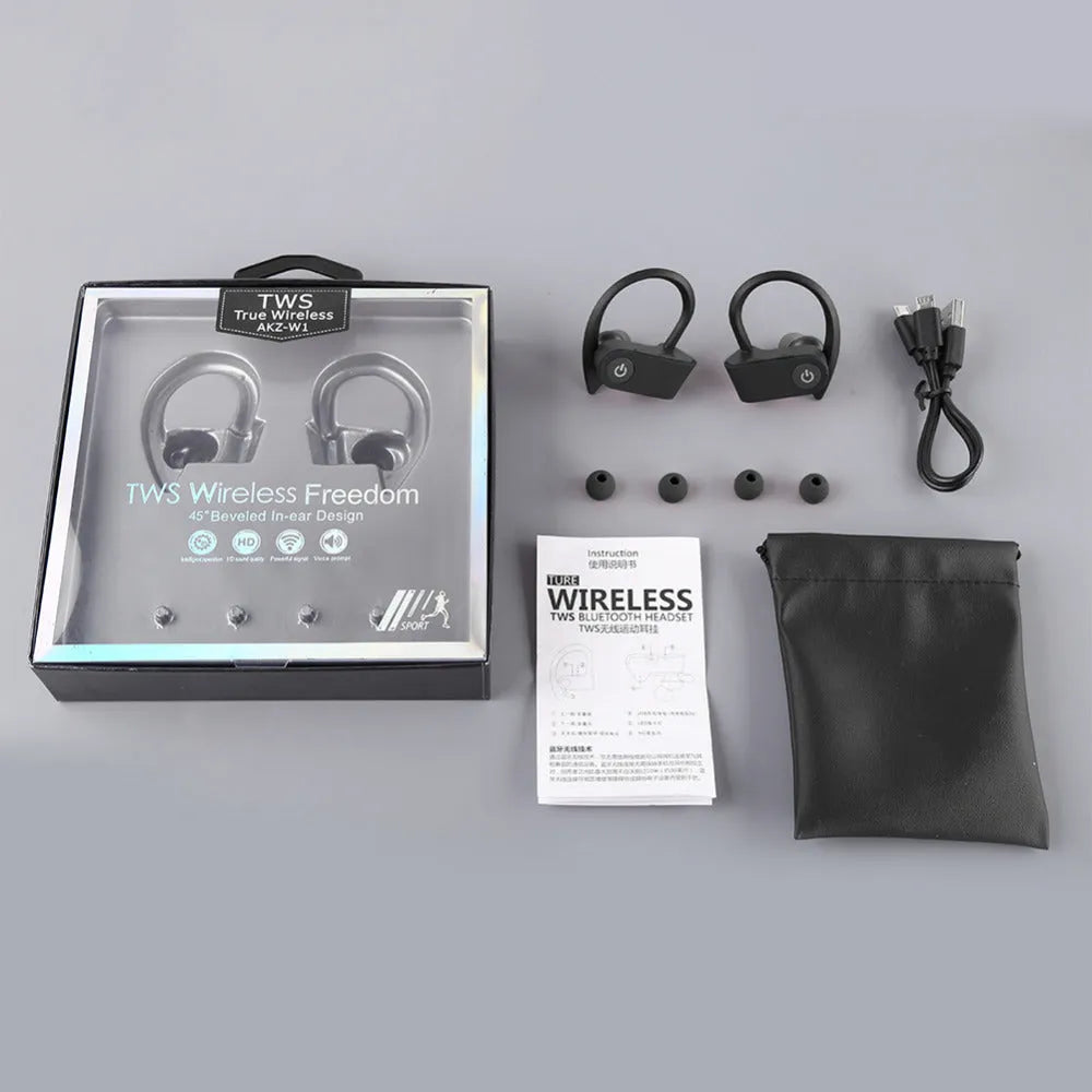 Black wireless Bluetooth earphones with ergonomic in-ear design, showing built-in buttons and microphone.