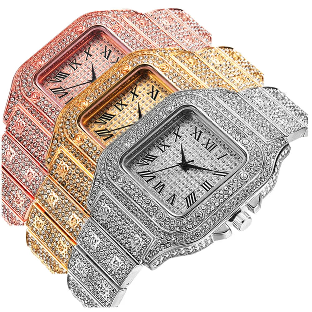 Roman numeral graduation quartz watch set with square dial, diamond studs, black mesh band, bracelet, and necklace