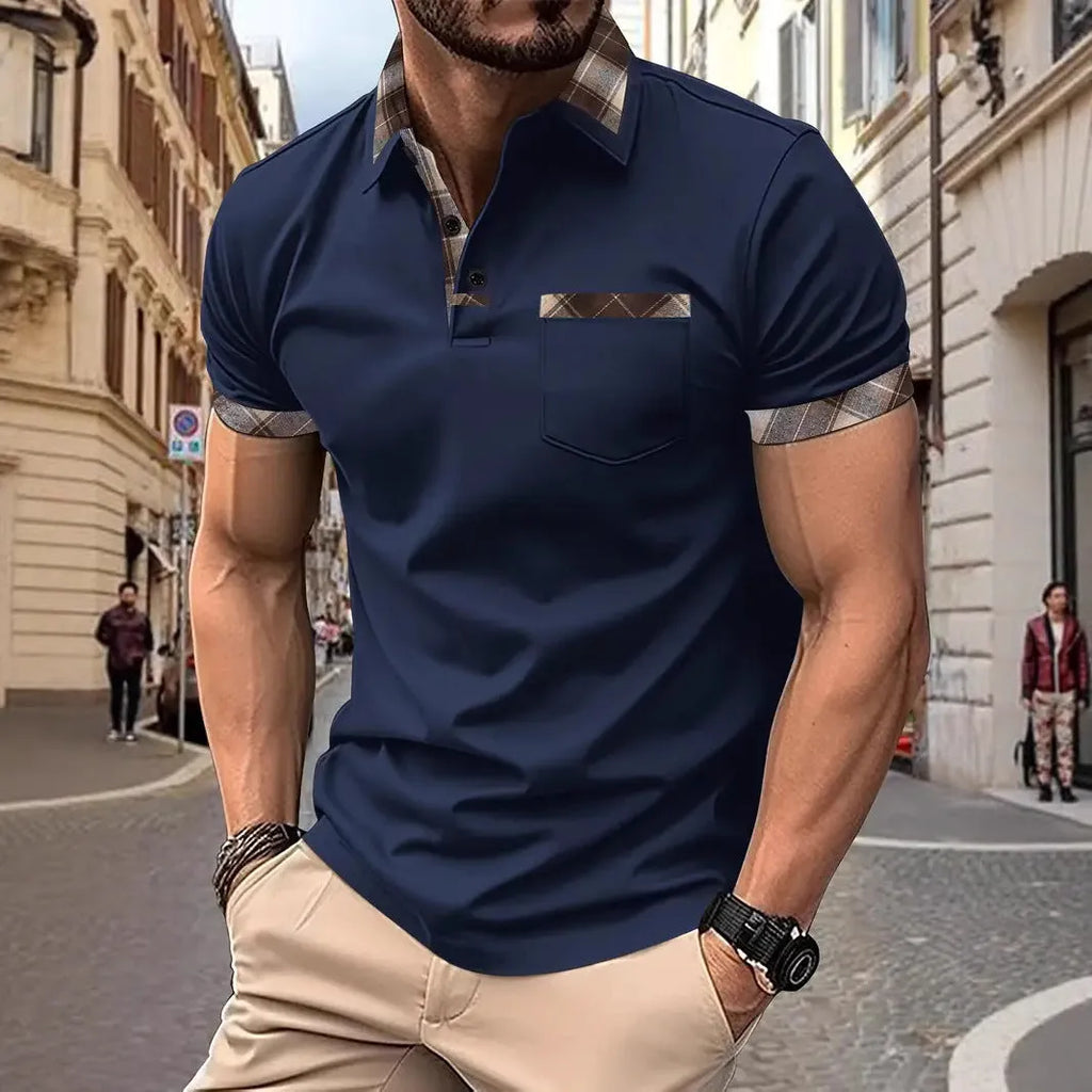 Men's plaid colourblock t-shirt with zipper decorations and short sleeves in loose fit