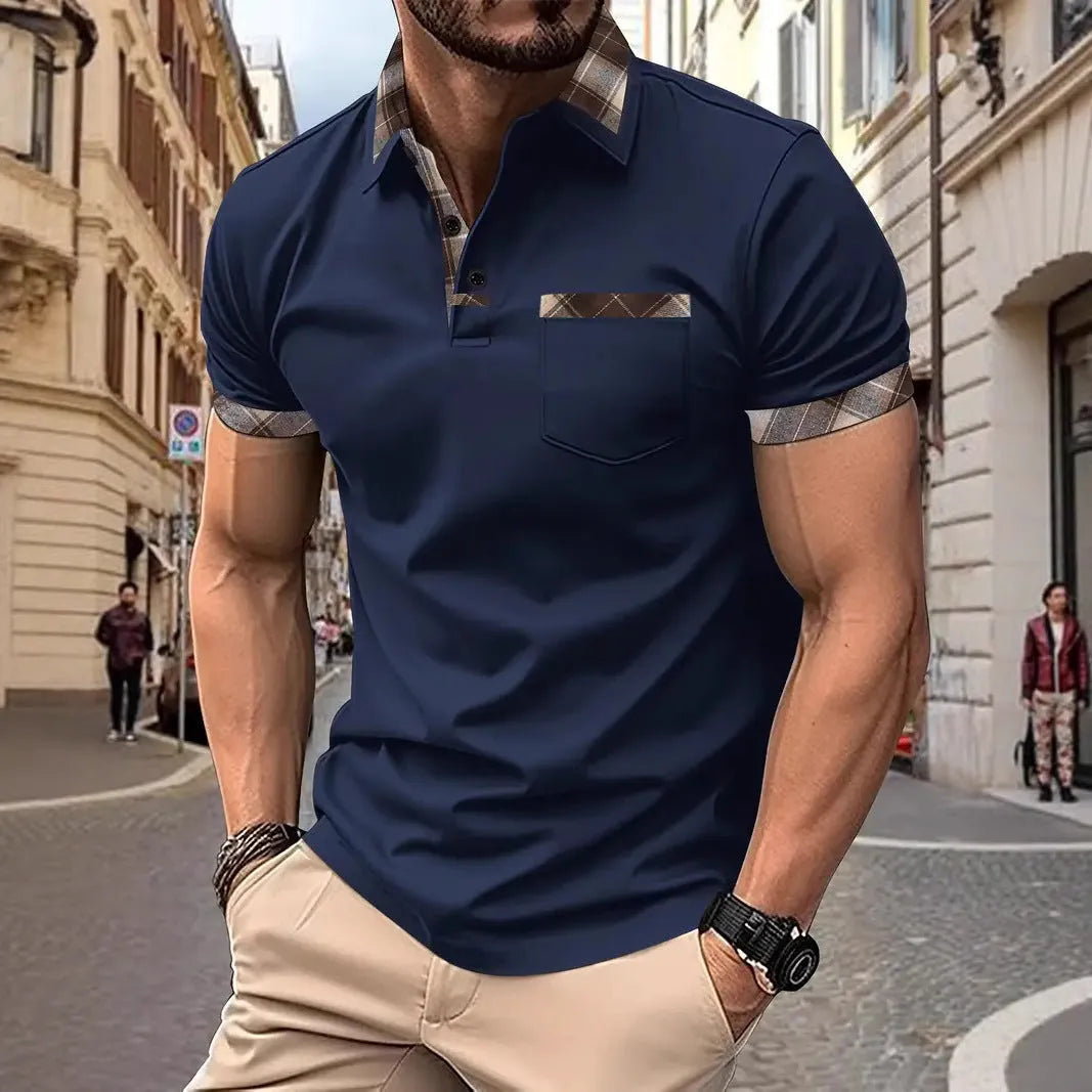 Men's plaid colourblock t-shirt with zipper decorations and short sleeves in loose fit