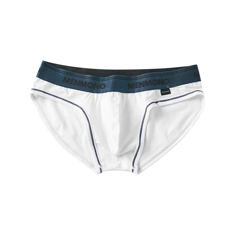 Men's low waist cotton briefs in a selection of solid colours including black and blue, white and red.