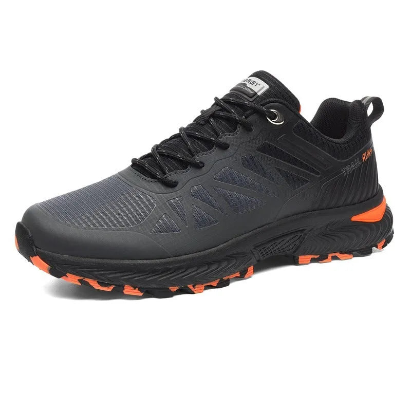 Men's black and grey breathable mesh running shoes with round toe and flat heel on a white background.