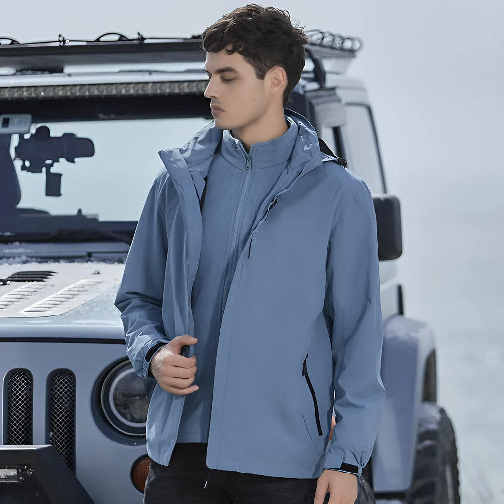 Men's black waterproof mountaineering suit with removable jacket and fleece lining