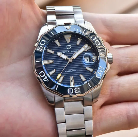 Men's mechanical watch PD-1617 with stainless steel case and strap, silver dial, black details, 14.3mm dial
