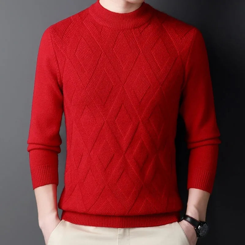 Men's diamond jacquard winter wool sweater in light camel colour, plus size thermal pullover